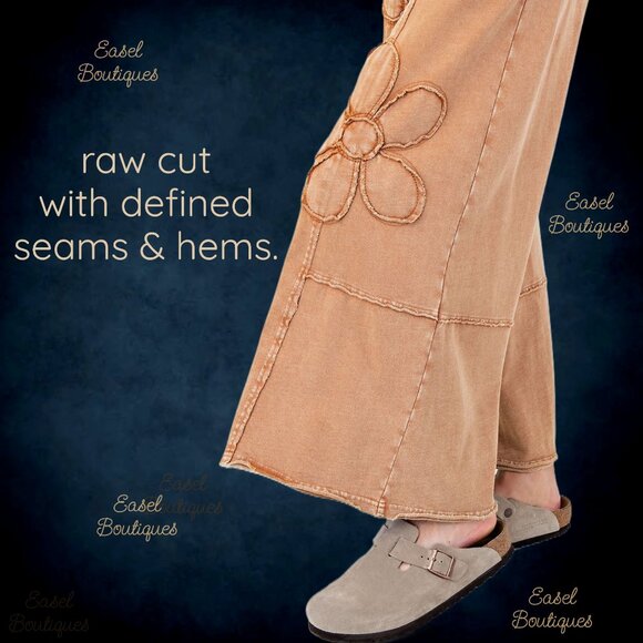 EASEL “Flower Power” Mineral Wash Pants Wide Leg Cozy Relax Fit Raw Seams, Hems - Picture 4 of 14